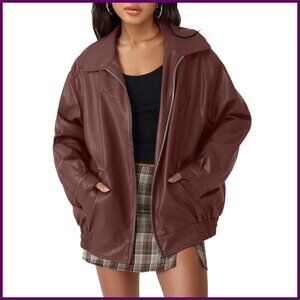 Oversized Faux Leather Bomber Jacket Zip Up Long Sleeve